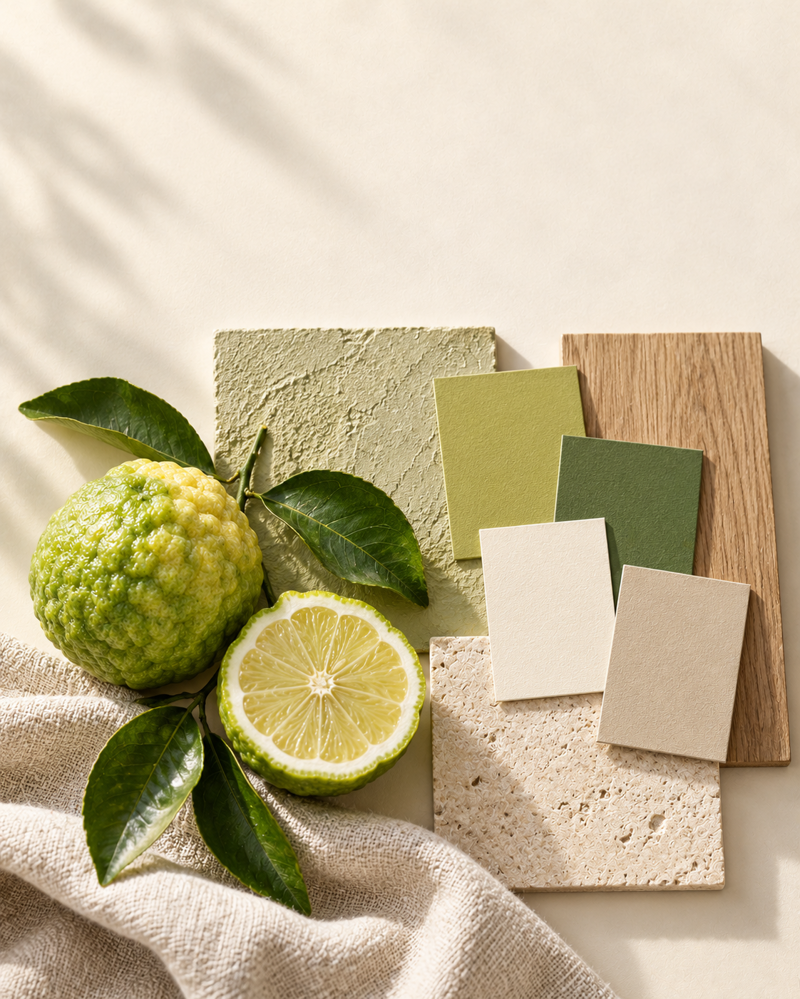 Moodboard con bergamotto, campioni verde oliva e avorio, legno chiaro, pietra porosa e tessuto beige